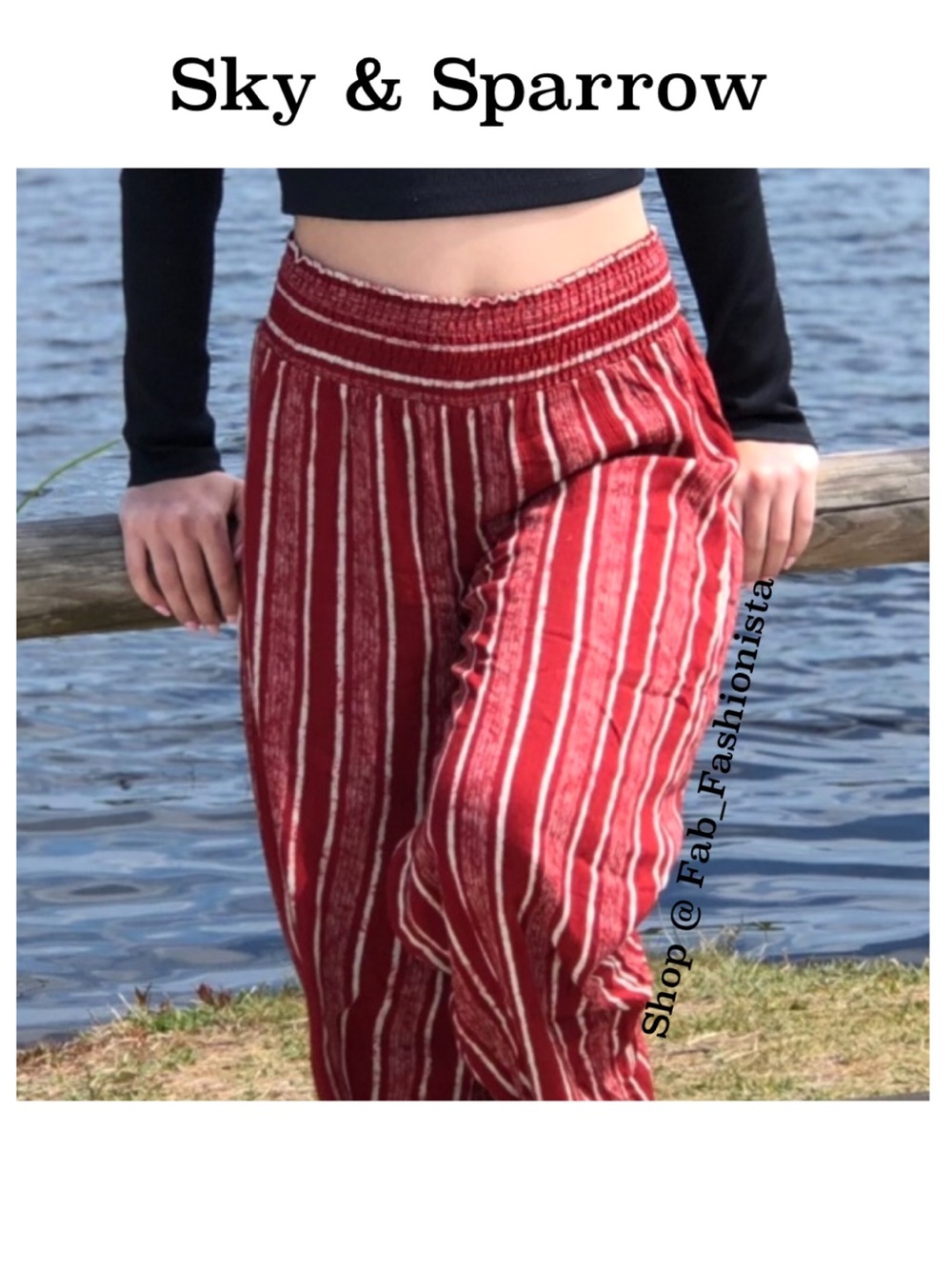 Sky and Sparrow Red and White Striped Smocked-bohemian wide leg Pants